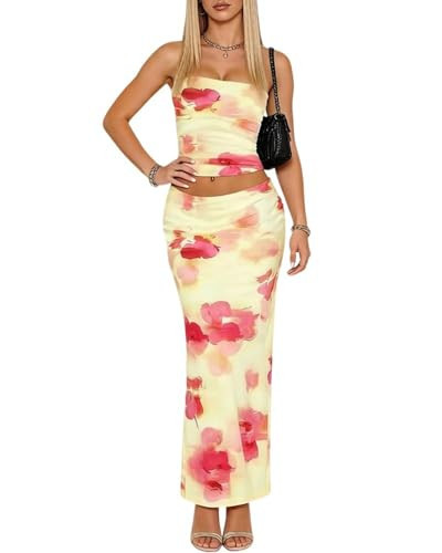 Two Piece Piece Skirt Sets for Women Summer Floral Tube Top Slim Maxi Skirts Y2k Beach Vacation Outfits Pink Flower XL | Amazon (US)