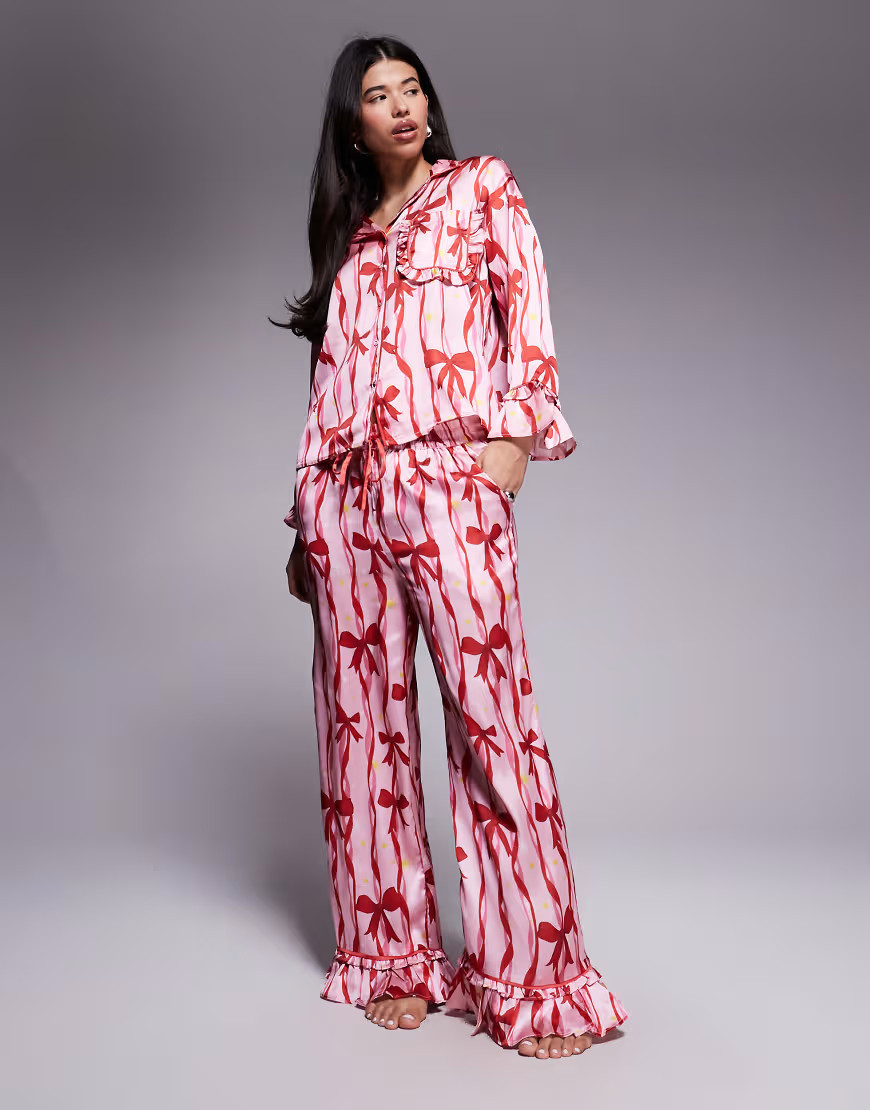 River Island satin bow pajama set in pink | ASOS (Global)