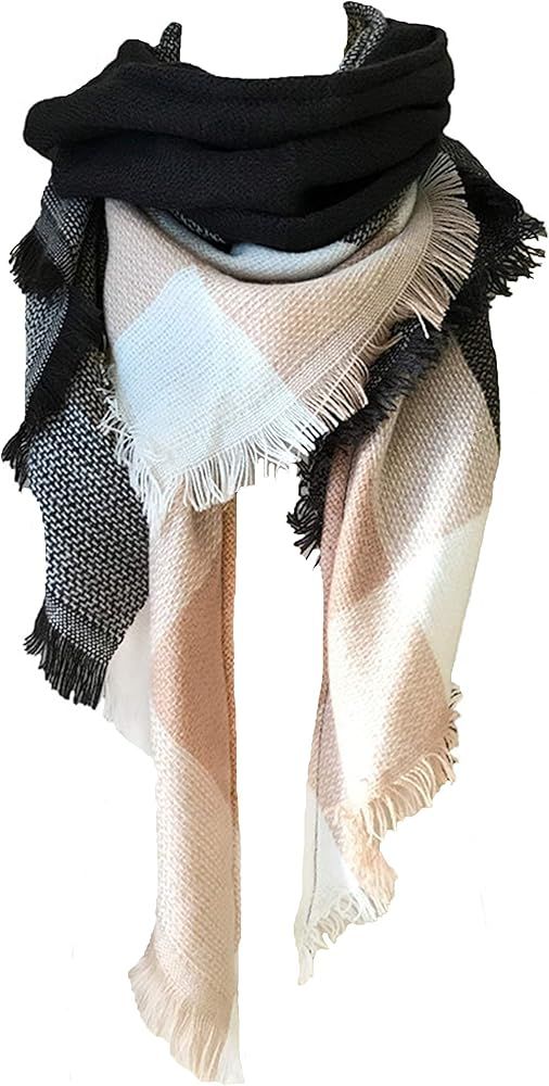 Womens Warm Long Shawl Wraps Large Scarves Knit Cashmere Feel Plaid Triangle Scarf | Amazon (US)