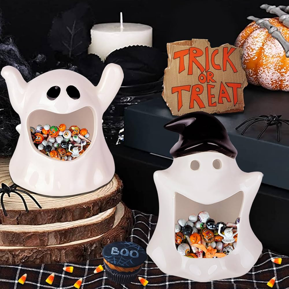 DIYDEC Halloween Candy Dish Holder 2PCS Halloween Candy Bowls Ghost Ceramic Bowl Candle Holder Ta... | Amazon (US)