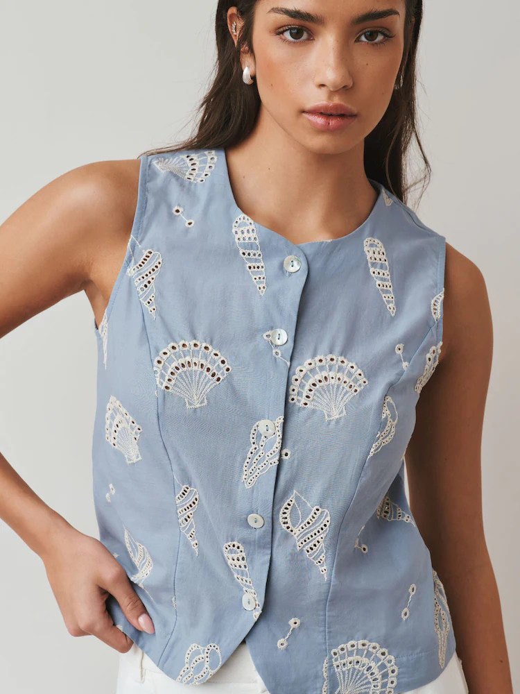 Blue Shell Broderie Button Front Top | Next EU