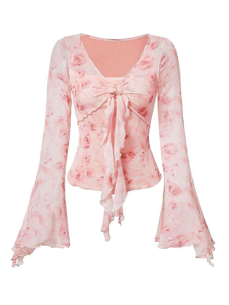 Verdusa Women's Y2K Tie Front Tops Bell Sleeve Floral Print Mesh Tops Long Sleeve Shirts 2000s Cl... | Amazon (US)