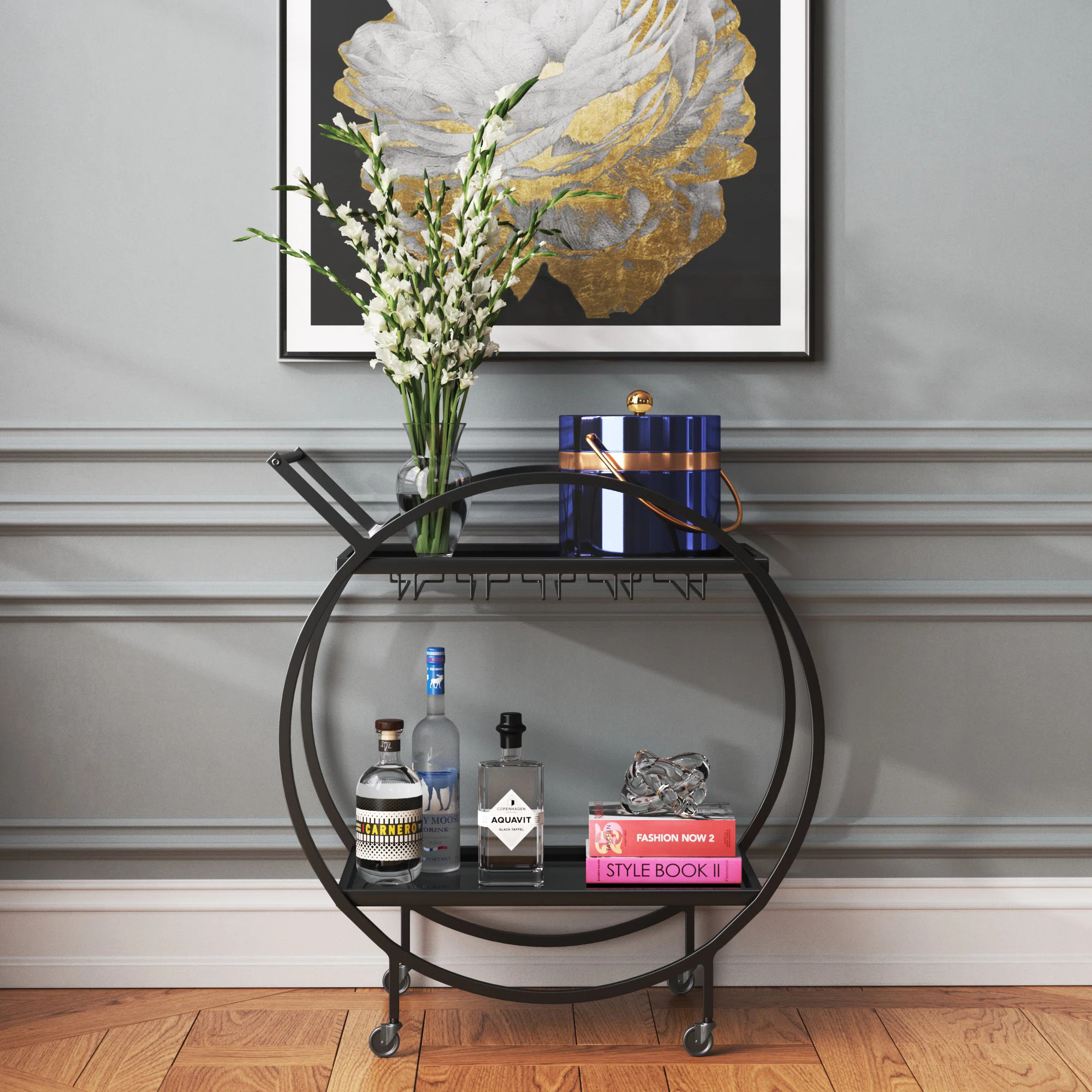 Metal Rolling 2 Mirrored Shelves Bar Cart with Wine Glass Storage and Handle | Wayfair North America