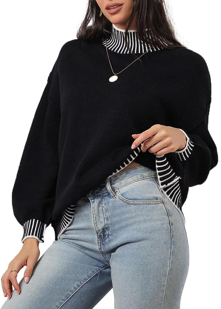 CHYRII Women Fall Fashion 2024 Sweater Overiszed Batwing Long Sleeve Striped Turtleneck Pullover ... | Amazon (US)