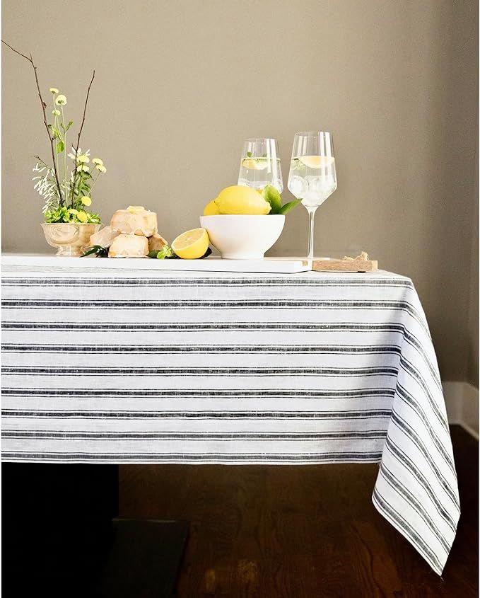 Solino Home Stripe Linen Tablecloth 60 x 90 Inch – 100% Pure European Flax Linen, Black and Whi... | Amazon (US)