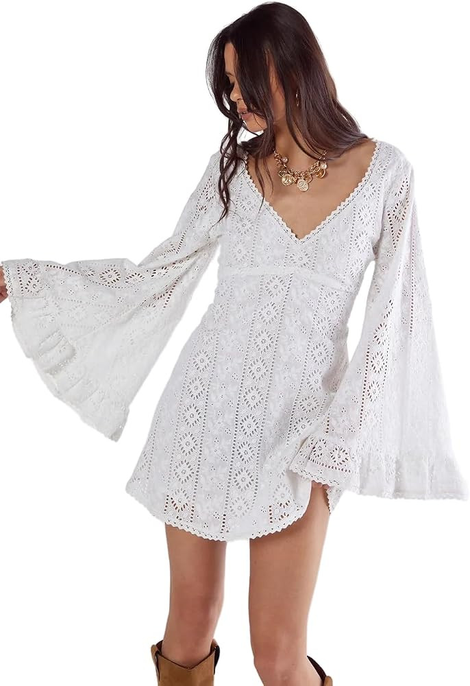 Nasty Gal Women's Broderie Lace Trim Ruffle Sleeve Mini Dress | Amazon (US)