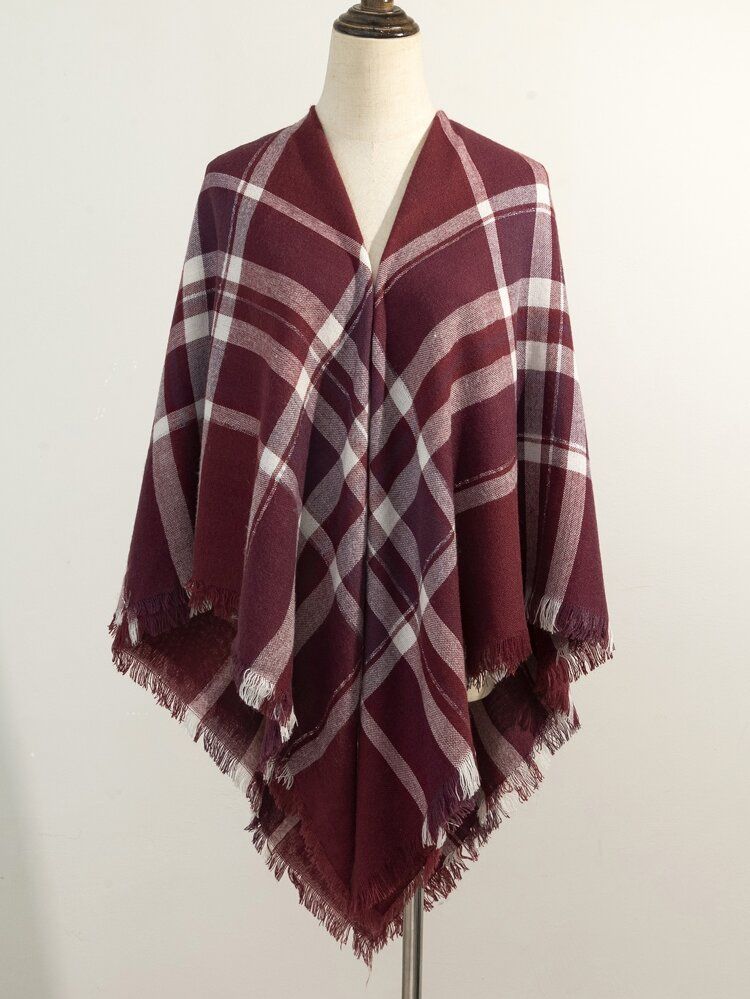 Plaid Pattern Raw Trim Shawl | SHEIN