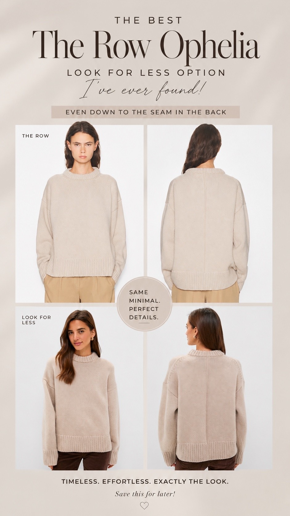 The best The Row Ophelia sweater look for less I’ve ever found. The relaxed oversized fit, chunky ribbed trim, soft neutral knit and even the signature seam running down the back are so similar to the designer version.

It’s the kind of timeless cream sweater that makes jeans, trousers and leggings instantly feel more elevated and expensive. Such a good fall wardrobe staple if you love The Row’s effortless minimalist style without the designer price tag.