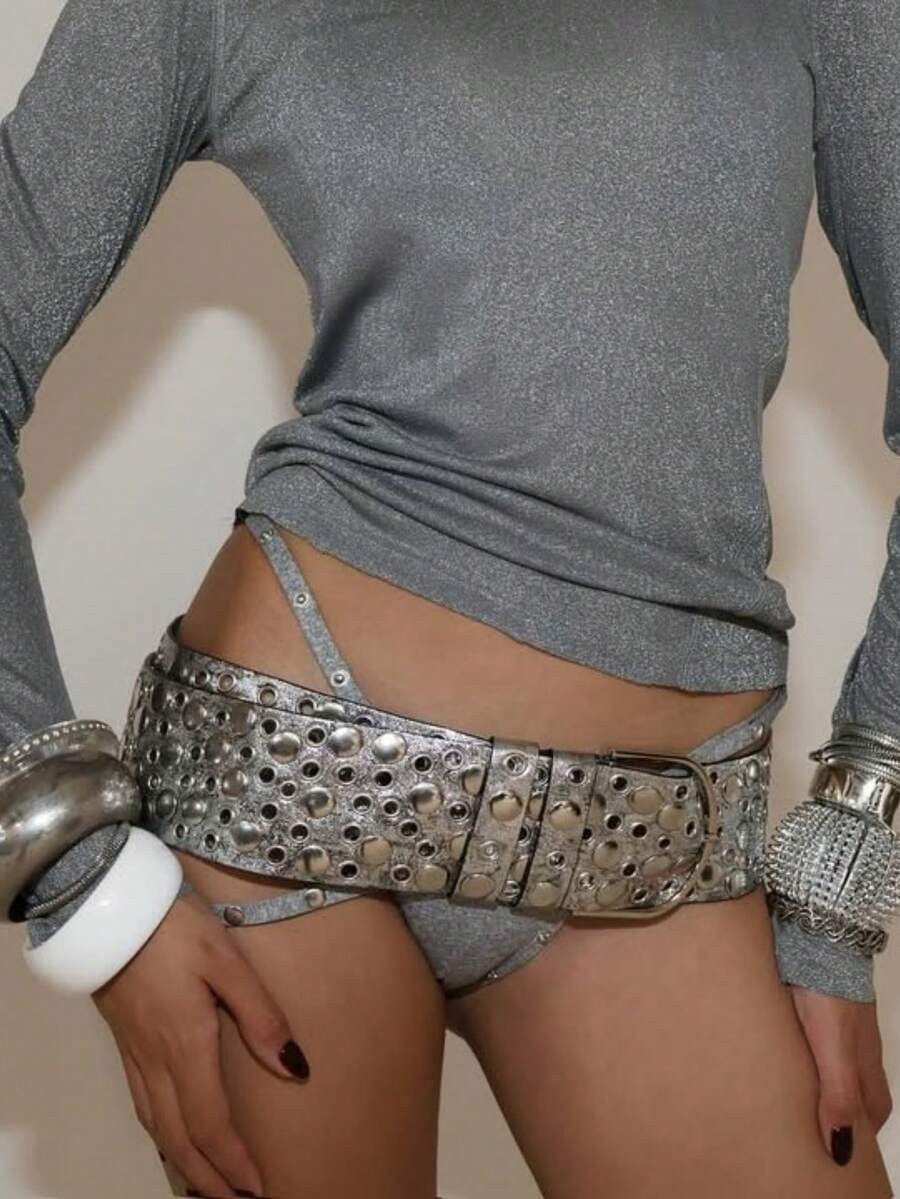 New Silver Rivet Hollow Out Wide Belt, Punk Rock Studded Waist Decor Belt For Halloween Party, Ha... | SHEIN