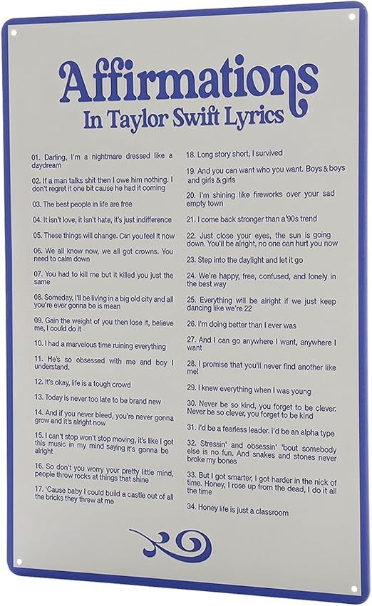 Affirmations in Taylor Music Swift Lyrics Metal Tin Sign Posters for Room Decor Aesthetic Music A... | Amazon (US)