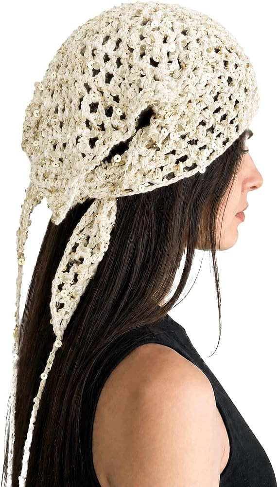 Women\u2019s Sequin Crochet Bandana Head Scarf Boho Triangle Hair Wrap Tie Back Head Kerchief for... | Amazon (US)