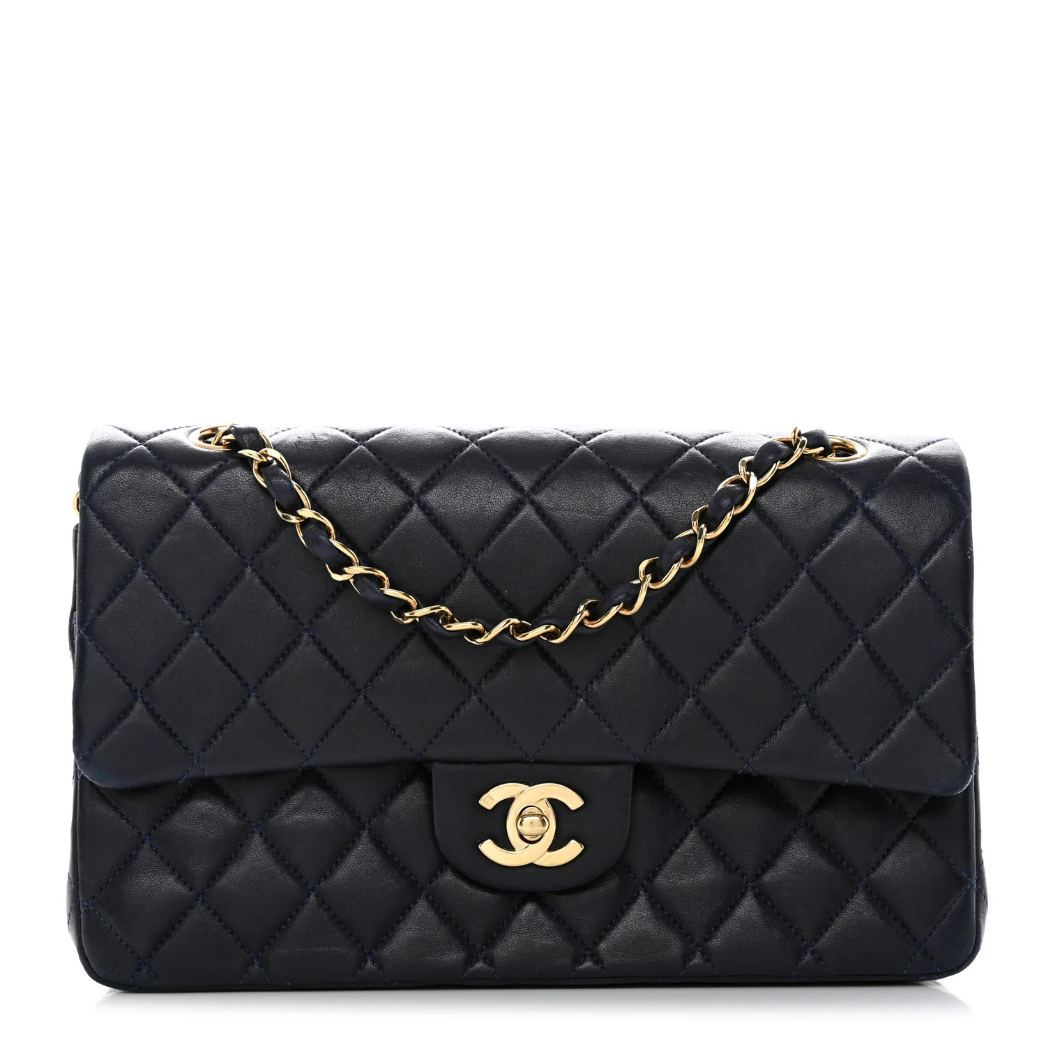 Lambskin Quilted Medium Double Flap Navy | FASHIONPHILE (US)