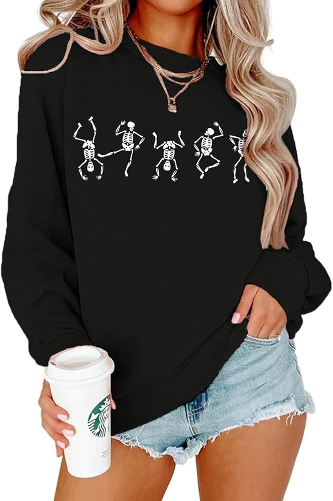 Women Halloween Dancing Skeleton Sweatshirt Skull Graphic Pullover Crew Neck Sweatshirts Oversize... | Amazon (US)