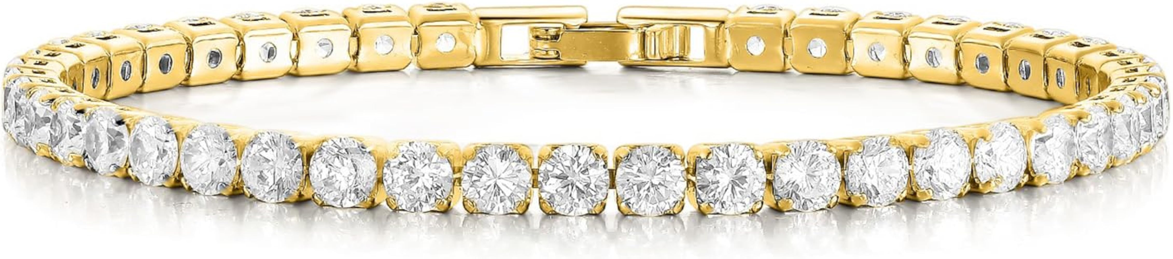 18K Gold/Silver Plated 4mm High Carbon Diamond Classic Tennis Bracelet,Stainless Steel Silver Cha... | Amazon (US)