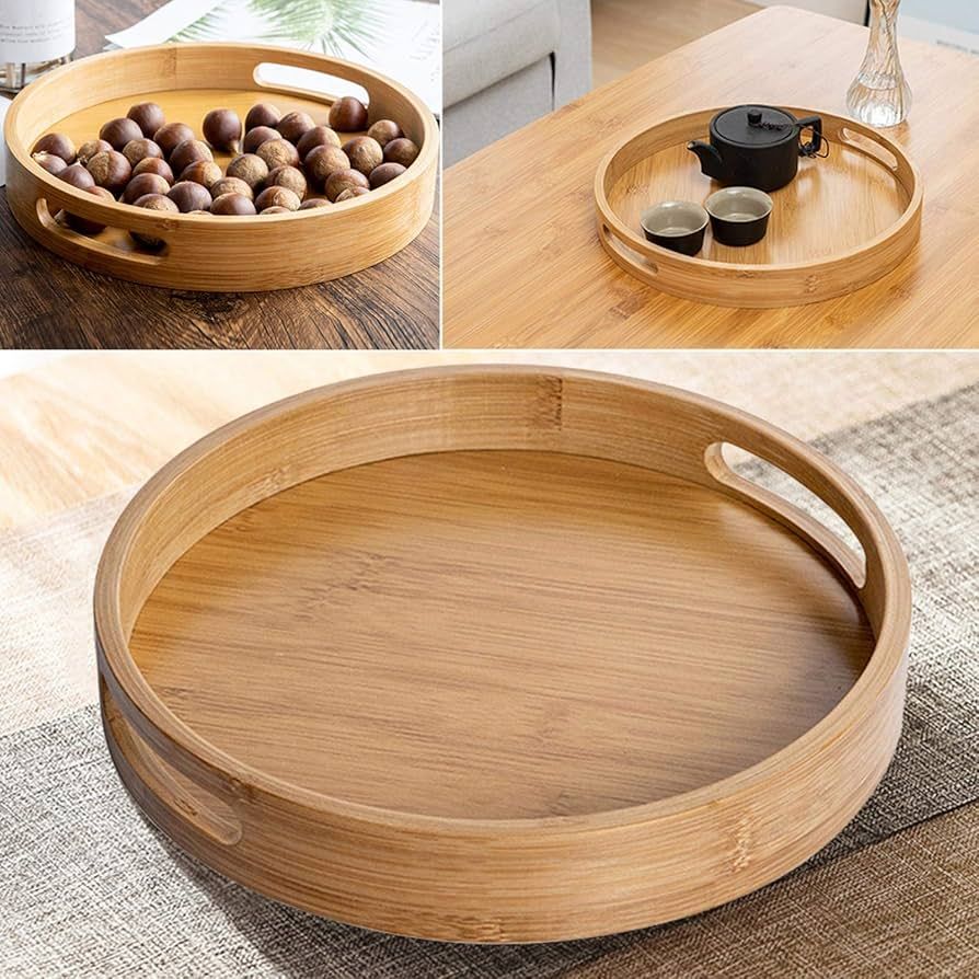 Bamboo Wood Round Tray w/ Handles, Tea & Coffee Table Decorative Serving Tray Food Storage Platte... | Amazon (US)