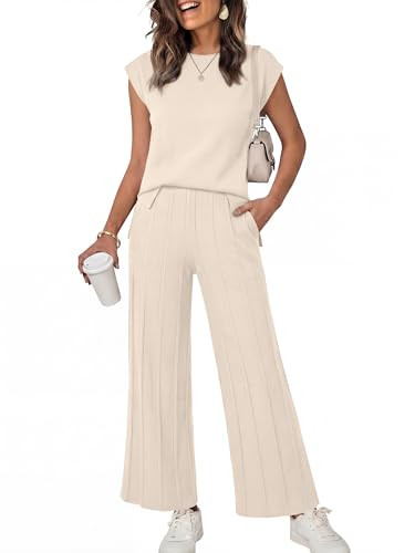 ANRABESS Women 2 Piece Lounge Sets Summer Casual Knit Sweater Vest Pant Set Beach Vacation Airport Clothes 2025 Fall Outfits Apricot Small | Amazon (US)