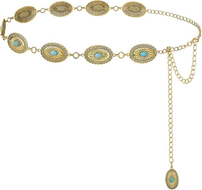 FIORETTO Metal Waist Chain Link Belt for Women Western Cowgirl Boho Turquoise Belts for Dress Jea... | Amazon (US)