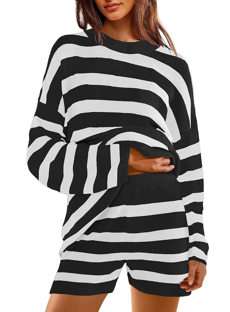 Yanekop Womens Striped Sweater Sets Tunic Matching Set Oversized Lounge Sets 2 Piece Long Sleeve ... | Amazon (US)