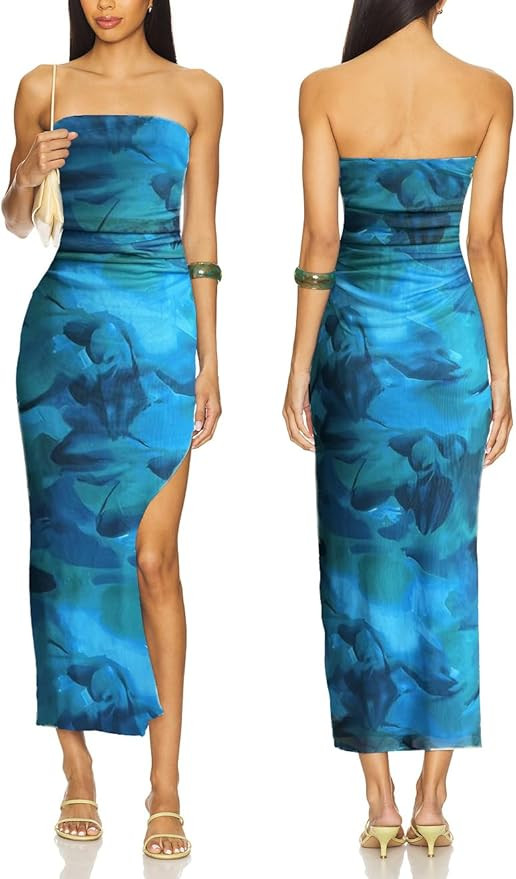 ALENDA DANMOS Womens Strapless Printed Midi Dress with Slit Floral Mesh Tube Top Dresses Ruched B... | Amazon (US)