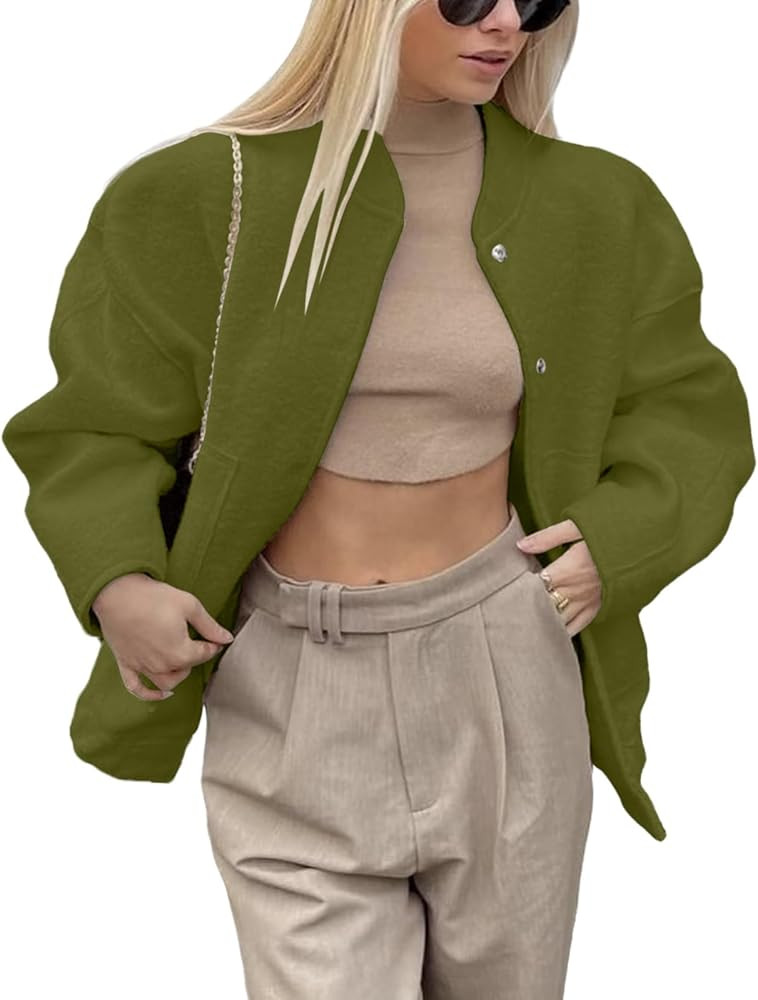 Xaspee Women's Causal Wool Blend Bomber Jacket Stand Collar Button Down Spring Fall Boyfriend Sho... | Amazon (US)