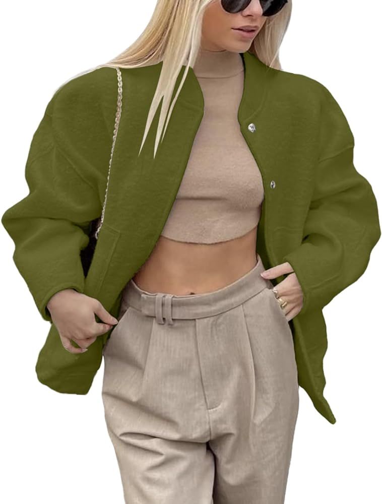Xaspee Women's Causal Wool Blend Bomber Jacket Stand Collar Button Down Spring Fall Boyfriend Sho... | Amazon (US)