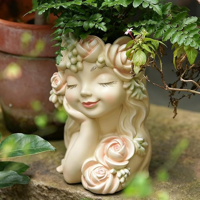 Decorative Garden Fairy Head Planter, Resin Flower Pot Sculpture, Pearl White with Rose Details | Amazon (US)