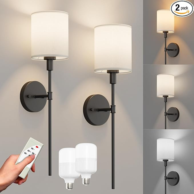 Tipace Battery Operated Wall Sconce Set of 2 with Remote,White Fabric Shade Wall Sconce Lighting ... | Amazon (US)
