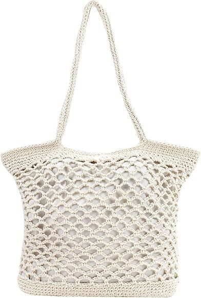 Women Large Cotton Crochet Shoulder Bag Bohemian Beach Travel Handbag Top-handle Bag Tote | Amazon (US)