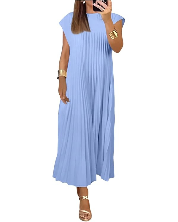 GORGLITTER Women's Pleated Flowy Chiffon Church Dresses Elegant Summer Short Sleeve Wedding Guest... | Amazon (US)