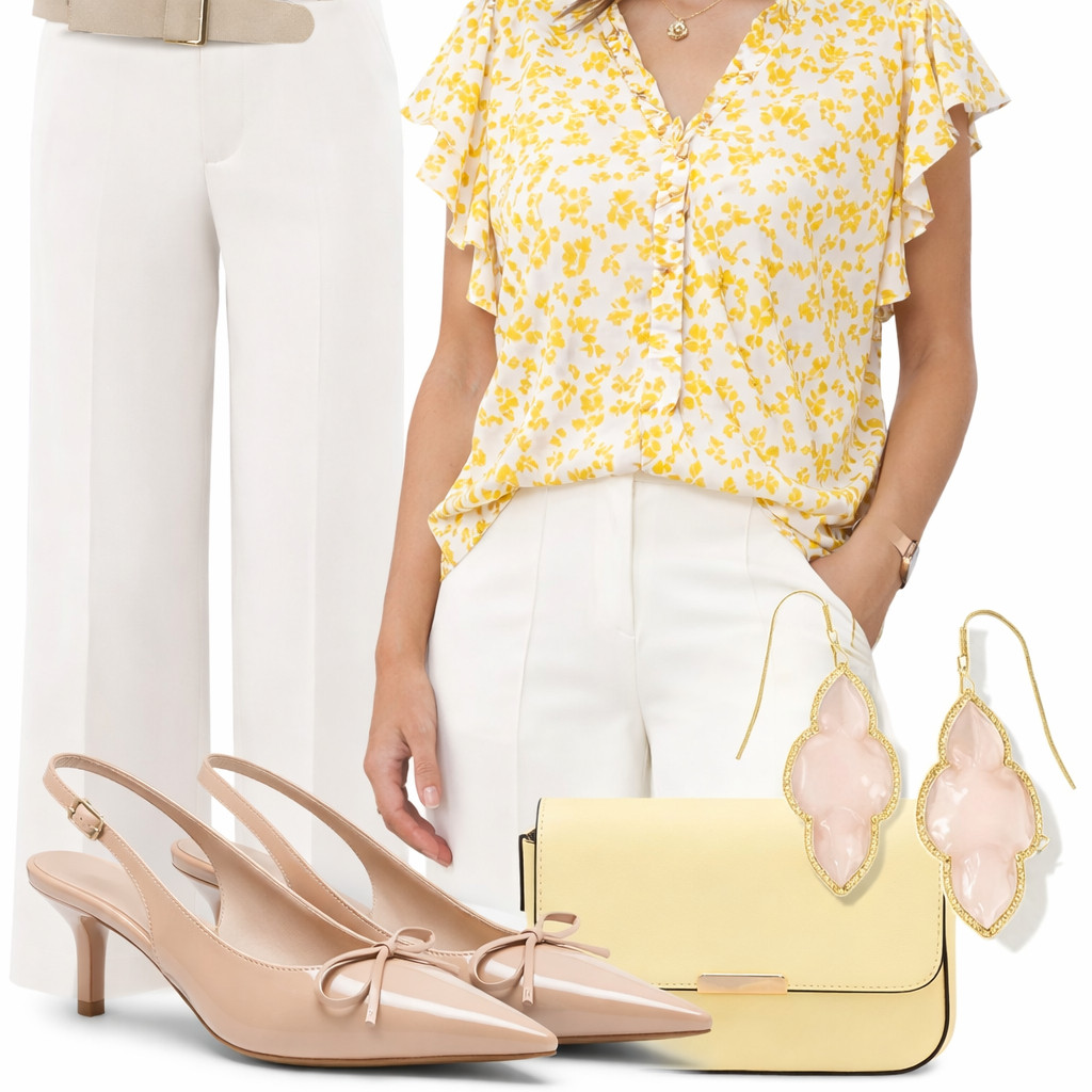 
Polished Look This elegant spring outfit is the perfect mix of feminine and professional. The soft yellow floral blouse paired with tailored wide-leg trousers creates a flattering, elevated silhouette that works beautifully for the office, meetings, or even a lunch date. Neutral heels and delicate gold accessories complete the look for a timeless, polished vibe. Save this for your next effortless workwear outfit inspiration! #springoutfits #workwearstyle #businesscasual #officeoutfit #amazonfashion #chicstyle #widelegpants #outfitinspo #springfashion #neutralstyle #feminineoutfits #affordablefashion #capsulewardrobe #elegantstyle #fashioninspo 

 