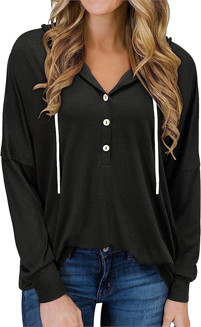 OUGES Women's Casual Long Sleeve Hoodies V Neck Hooded Sweatshirt Lightweight Pullovers Tops | Amazon (US)