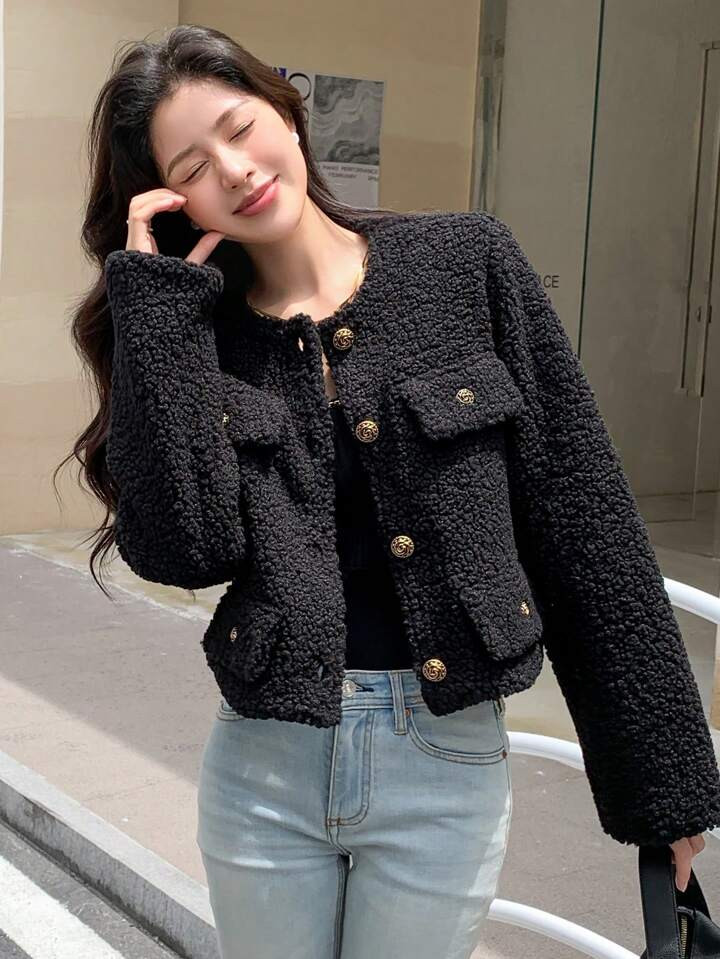 DAZY Solid Button Front Flap Detail Teddy Jacket | SHEIN