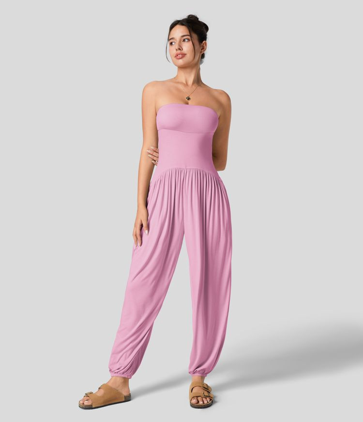 Ribbed Tube Backless Plicated Side Pocket Casual Jumpsuit | HALARA