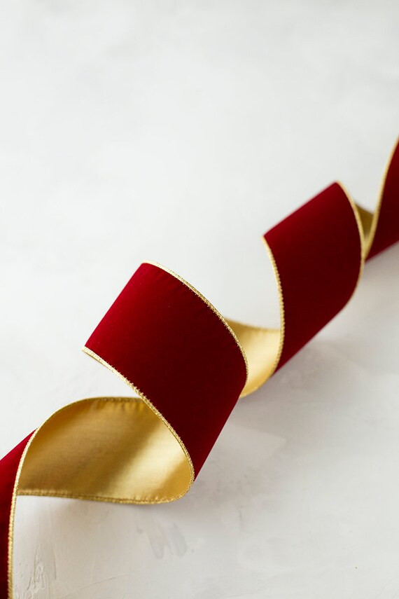 Burgundy Red Velvet Wired Ribbon w/ Gold Metallic Lamé Backing • 2-1/2" • 4" | Etsy (US)