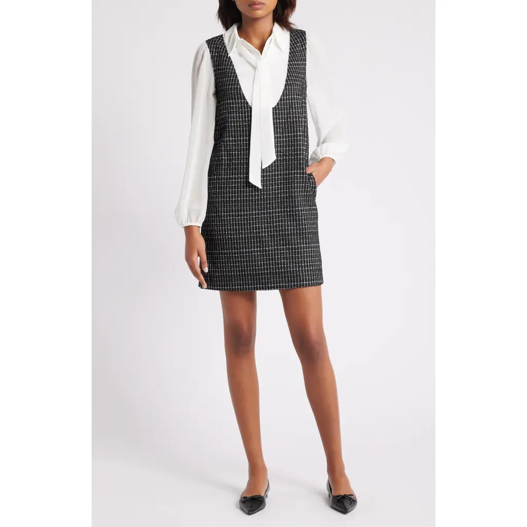 Julia Jordan Mixed Media Long Sleeve Shift Dress in Black White at Nordstrom, Size 8 | Nordstrom