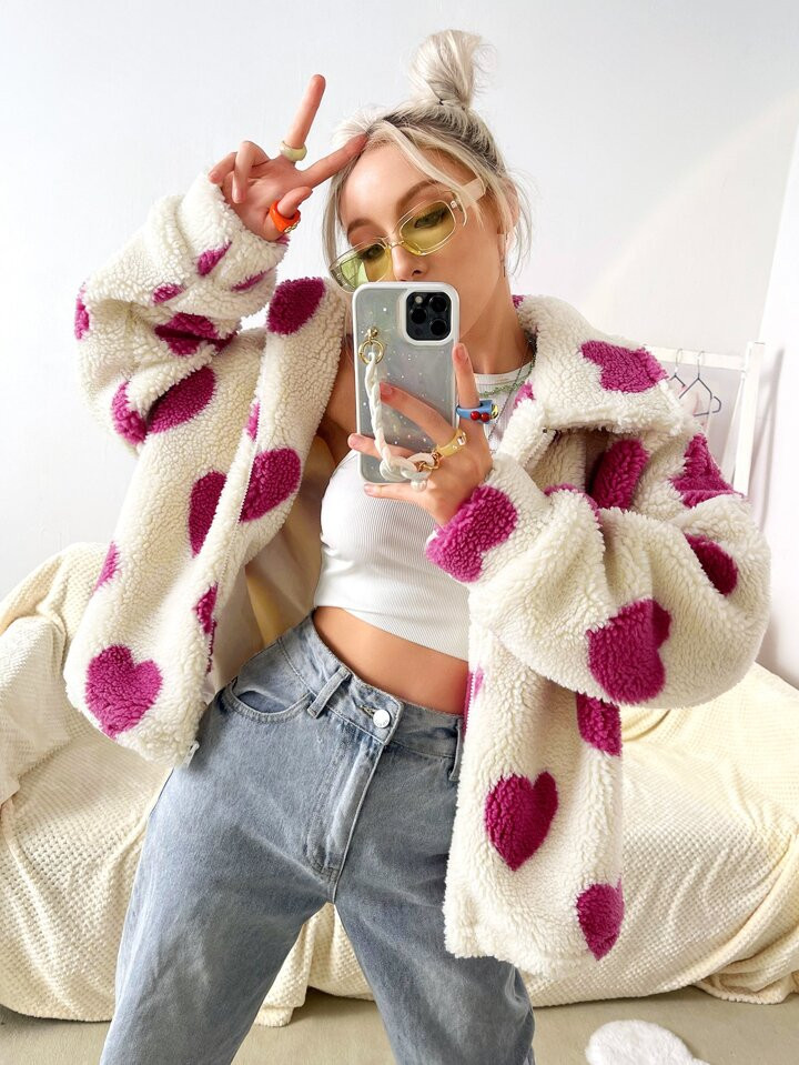 SHEIN Qutie Heart Pattern Drop Shoulder Fleece Jacket | SHEIN