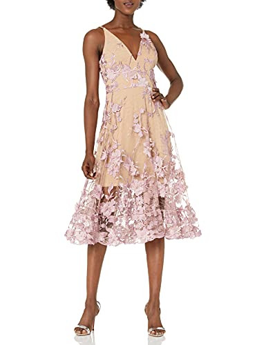 Dress the Population Women's Audrey Spaghetti Strap MIDI A-LINE 3D Floral Dress Dress, Lilac/Nude, M | Amazon (US)
