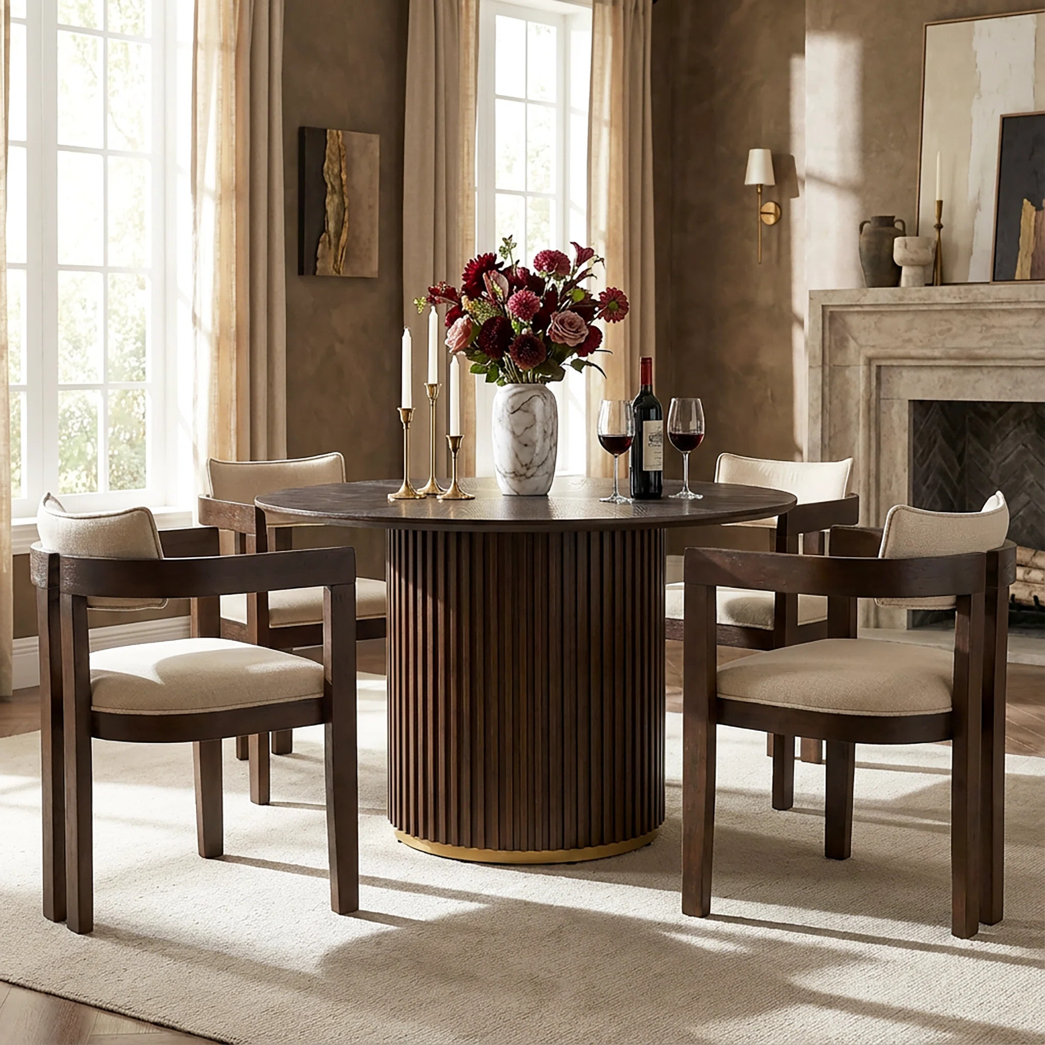 Logan 5-Piece Round Pedestal Dining Table Set With Upholstered Chairs | Wayfair North America