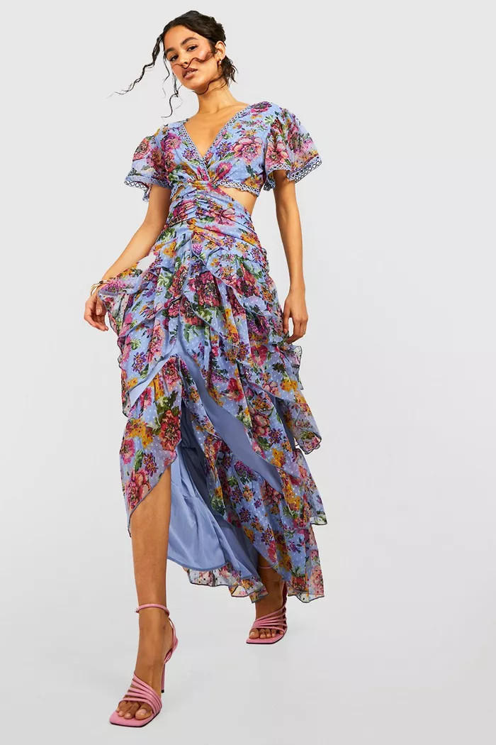 Floral Dobby Cut Out Ruffle Maxi Dress | boohoo (US & Canada)