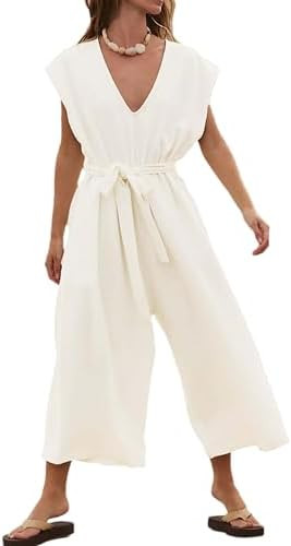 Womens One Piece Jumpsuits Sleeveless V-Neck Waist Belted Long Wide Leg Pants Romper Casual Outfi... | Amazon (US)