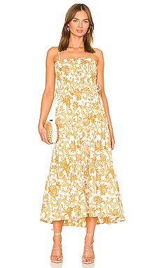 Shona Joy Saffron Shirred Tiered Midi Dress in Curry & Ivory from Revolve.com | Revolve Clothing (Global)