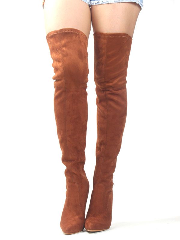 Thigh High Boots Brown Stretch Boots Pointed Toe High Heel Over Knee Boots For Women | Milanoo