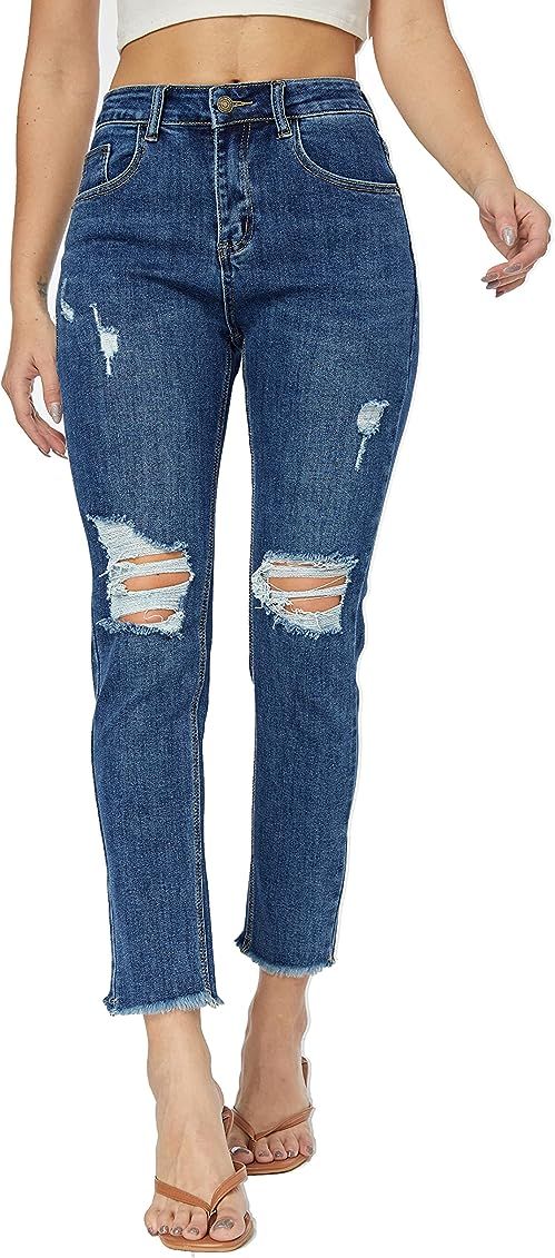 heipeiwa Women's Distressed Jeans Ripped Hole Destroyed Raw Hem Jean Boyfriend Cool Denim Pants | Amazon (US)