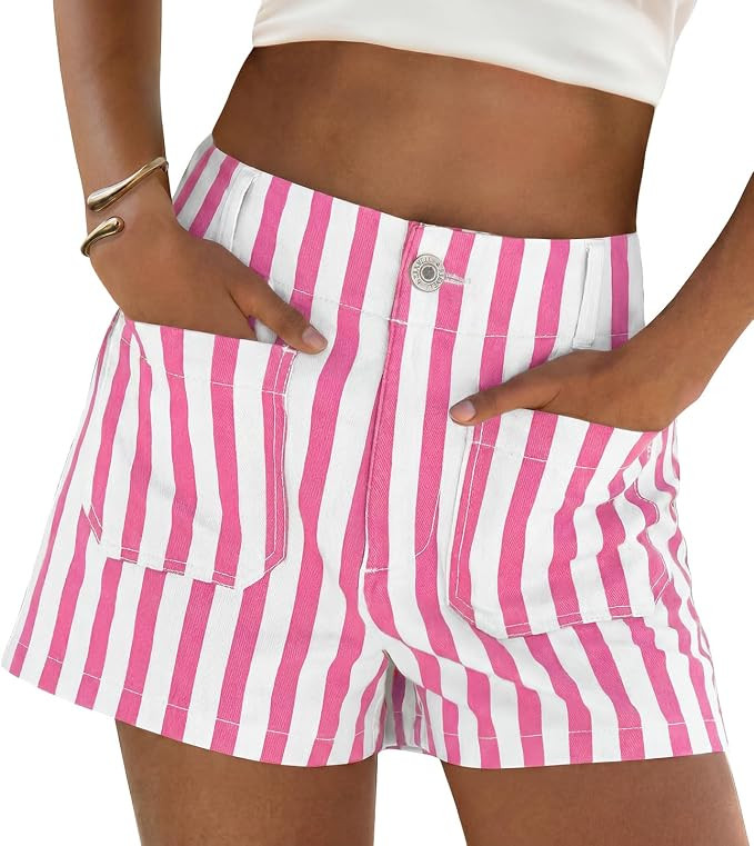Cicy Bell Womens Summer Striped Shorts High Waisted Jorts Wide Leg Jeans | with Pockets, Casual, ... | Amazon (US)