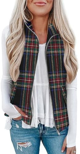 Rapbin Women's Plaid Outerwear Vests Tops Zip Up Collared Sleeveless Jacket with Pockects | Amazon (US)