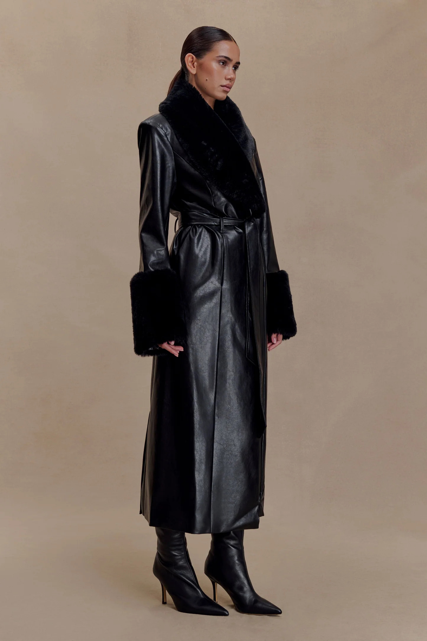 Bec Faux Leather Trench Coat With Faux Fur - Black | Meshki UK