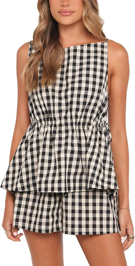 Women's Gingham Pajamas Set 2 Piece Cotton Pj Lounge Sets Sleeveless Shirt Shorts Summer Plaid Tw... | Amazon (US)