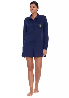 Lauren Ralph Lauren Women's Logo Embroidered Oversized Camp Shirt, Navy Blue, Large | Belk