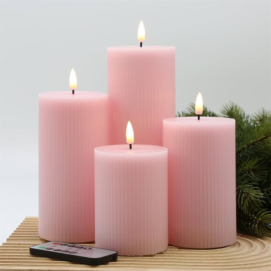 Pink Flat Top Ribbed Flameless Pillar Candles with Remote, Flickering LED Wax Battery Candles Set... | Amazon (US)