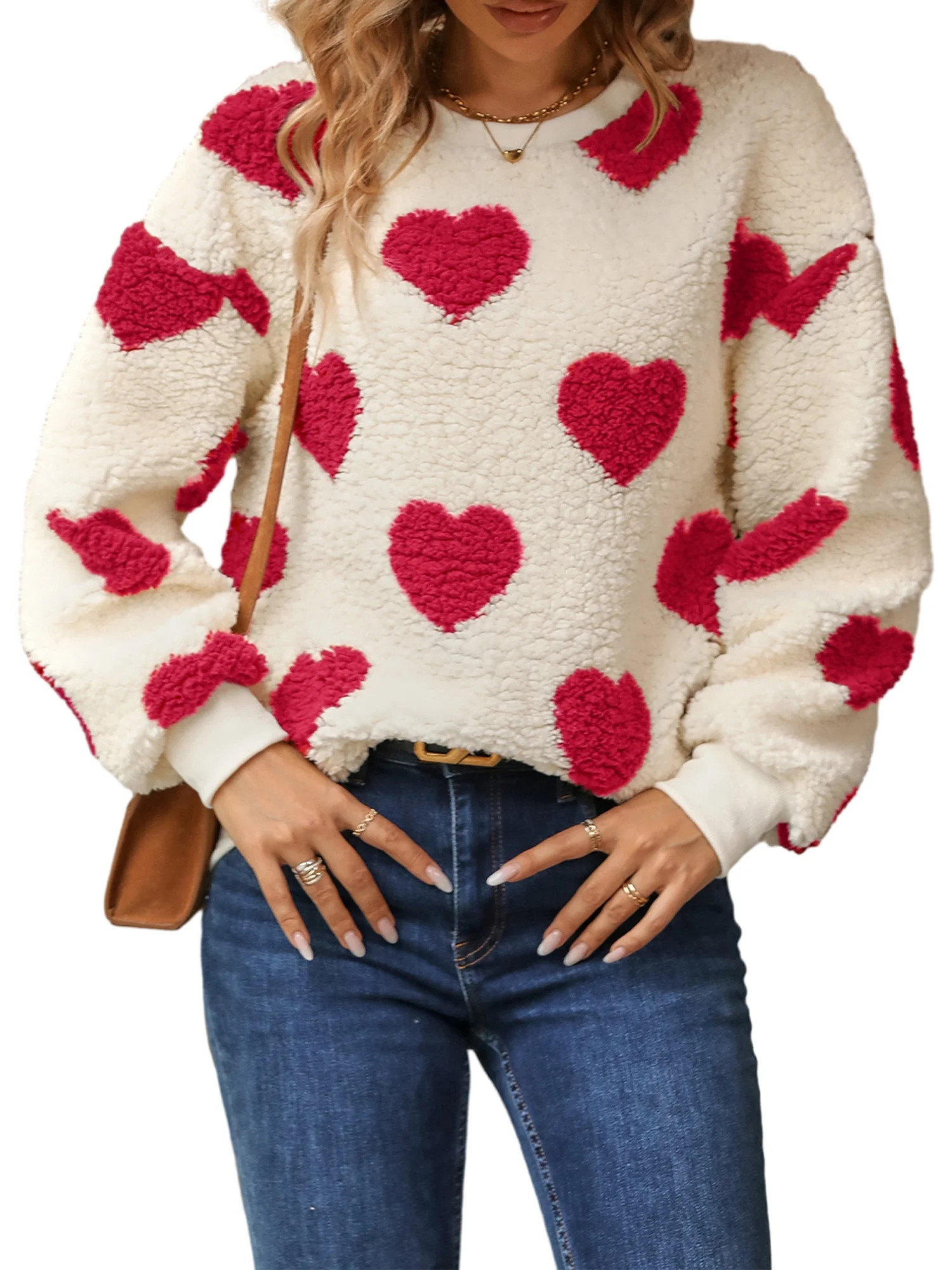 Heart Sweaters for Women Valentine's Day Heart Printed Pullover Sweaters Warm Fuzzy Crewneck Swea... | Walmart (US)